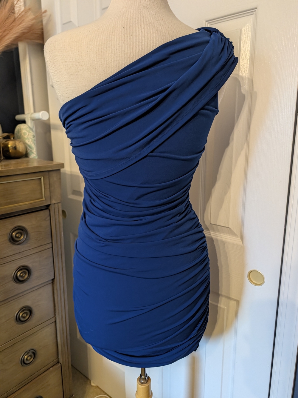 Sweet Storm One-Shoulder Navy Blue Ruched Bodycon Dress